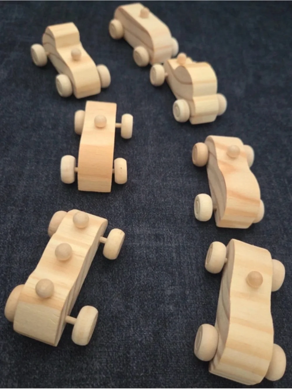 Lot of 7 Wooden Toy Cars - Natural Handmade Race Cars